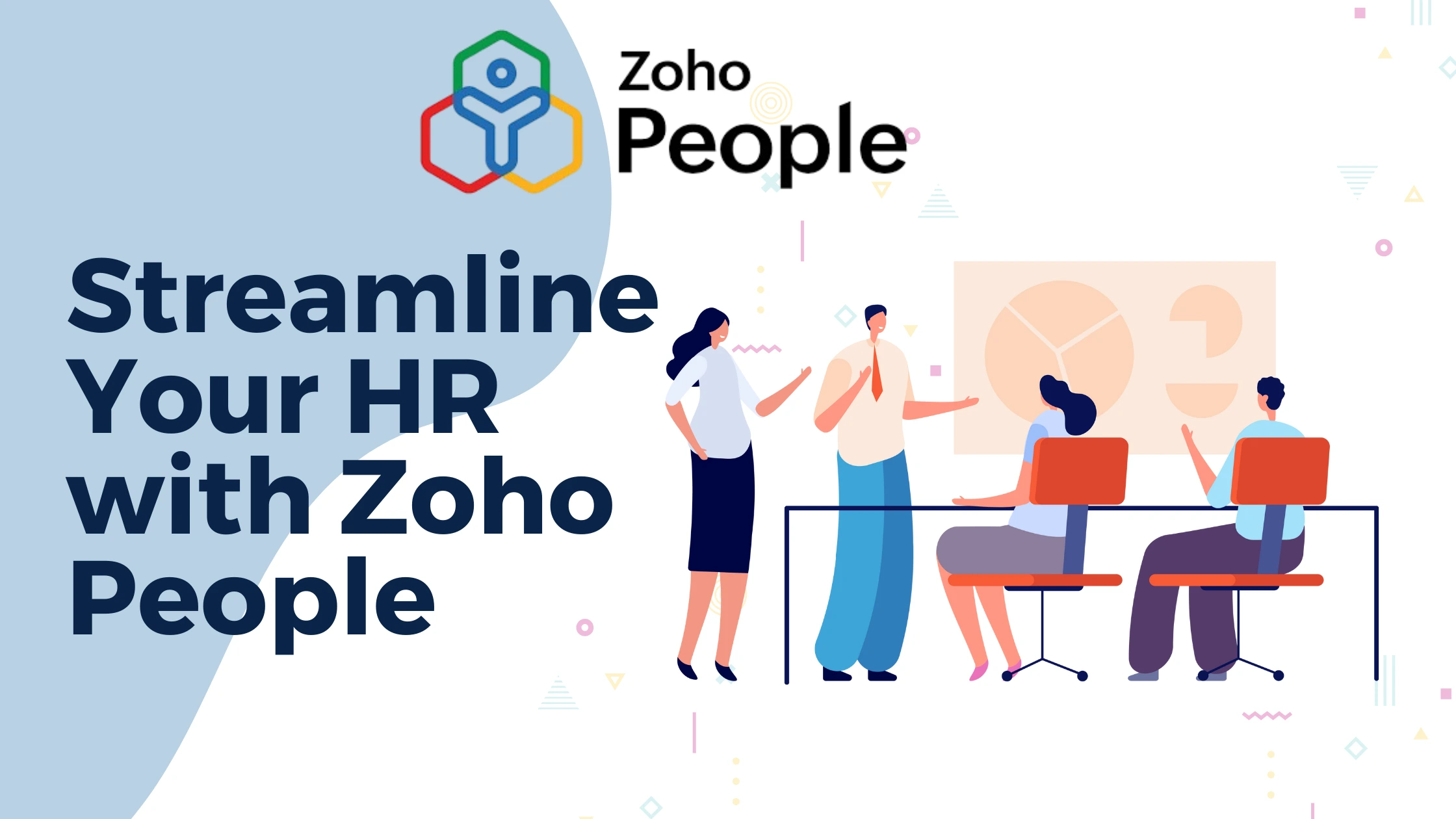 A team of employees working together collaboratively, with Zoho People as a central hub.